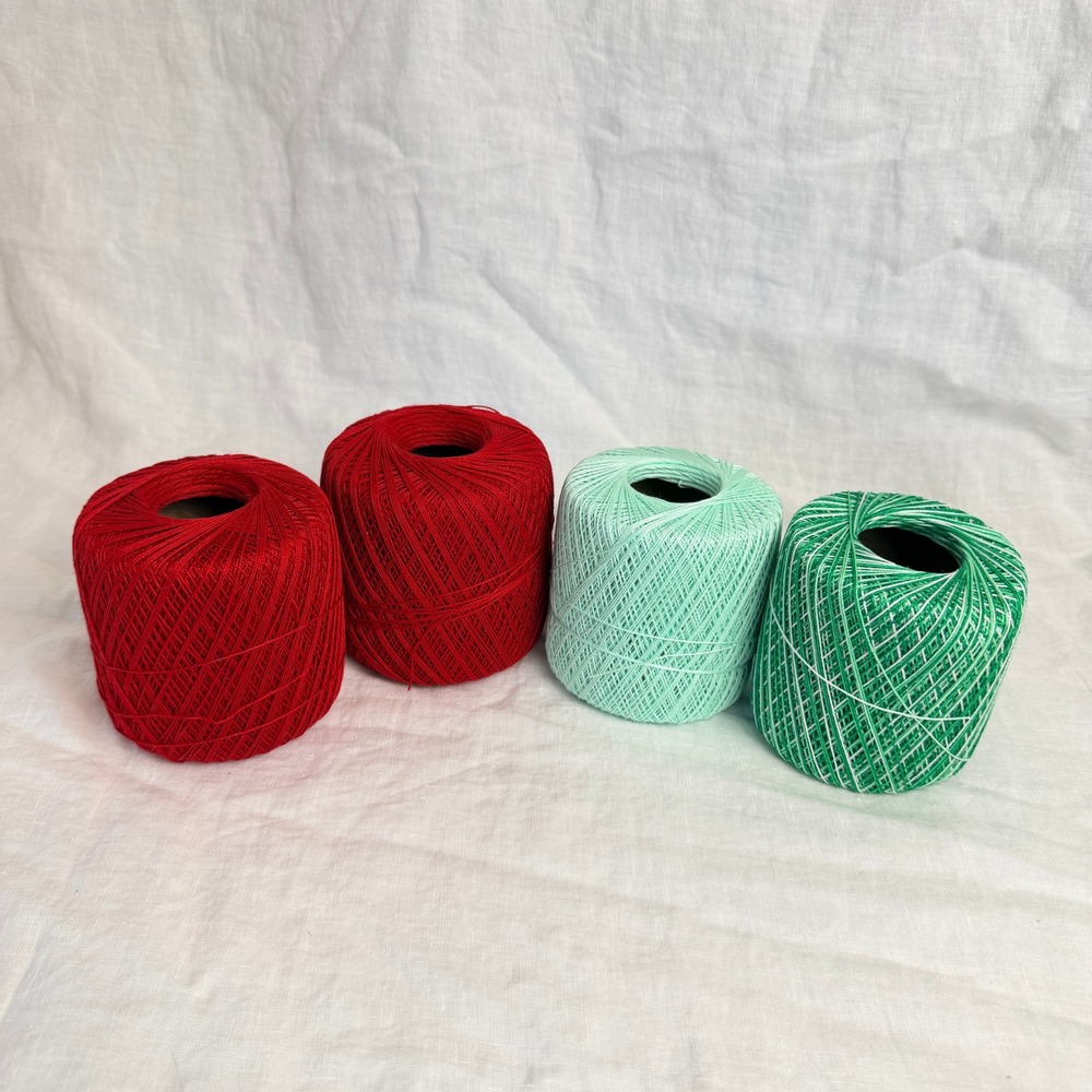 Vintage Crochet Thread Mixed Lot of 4 Red Mint Green Destash Partials 8.6oz